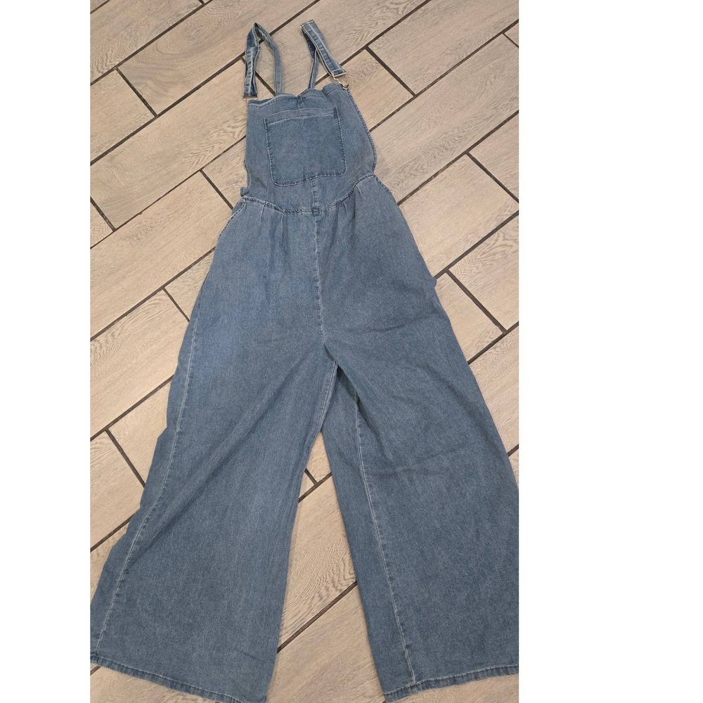 Blue Denim Wide Leg Overalls Medium Wash Bib Jumpsuit Large